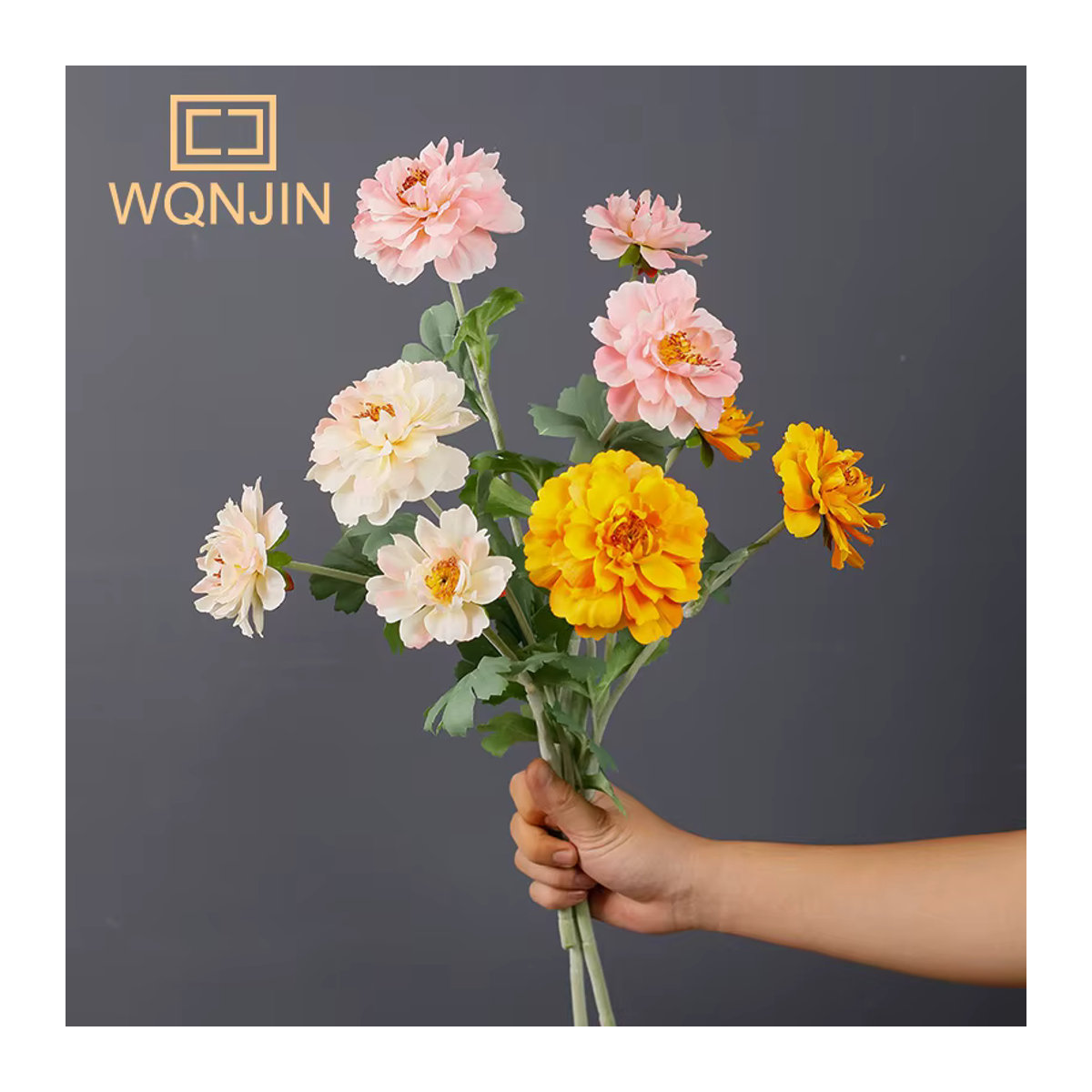 WQNJIN Pfingstrosen Kunstblumen mit 3 Köpfen in Gelb und Mehrfarbig aus Textil für Hochzeitsdekoration und Fotografie - Bild 1