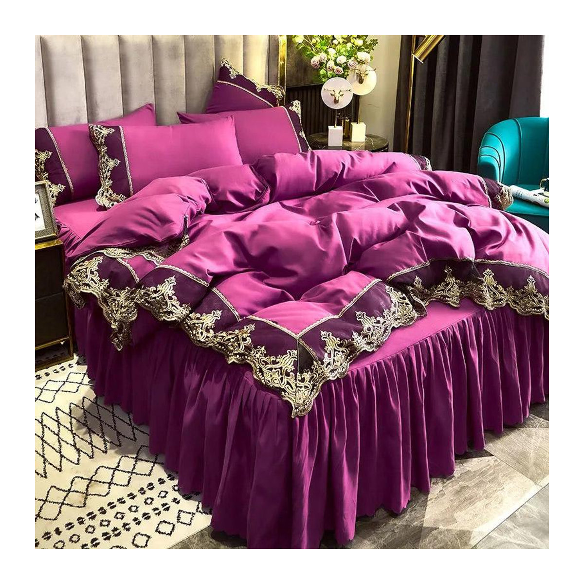 WTEMPO Bettwäsche-Set mit Stickerei und Spitze im europäischen Luxus-Stil, 4-teilig, Violett - Bild 2