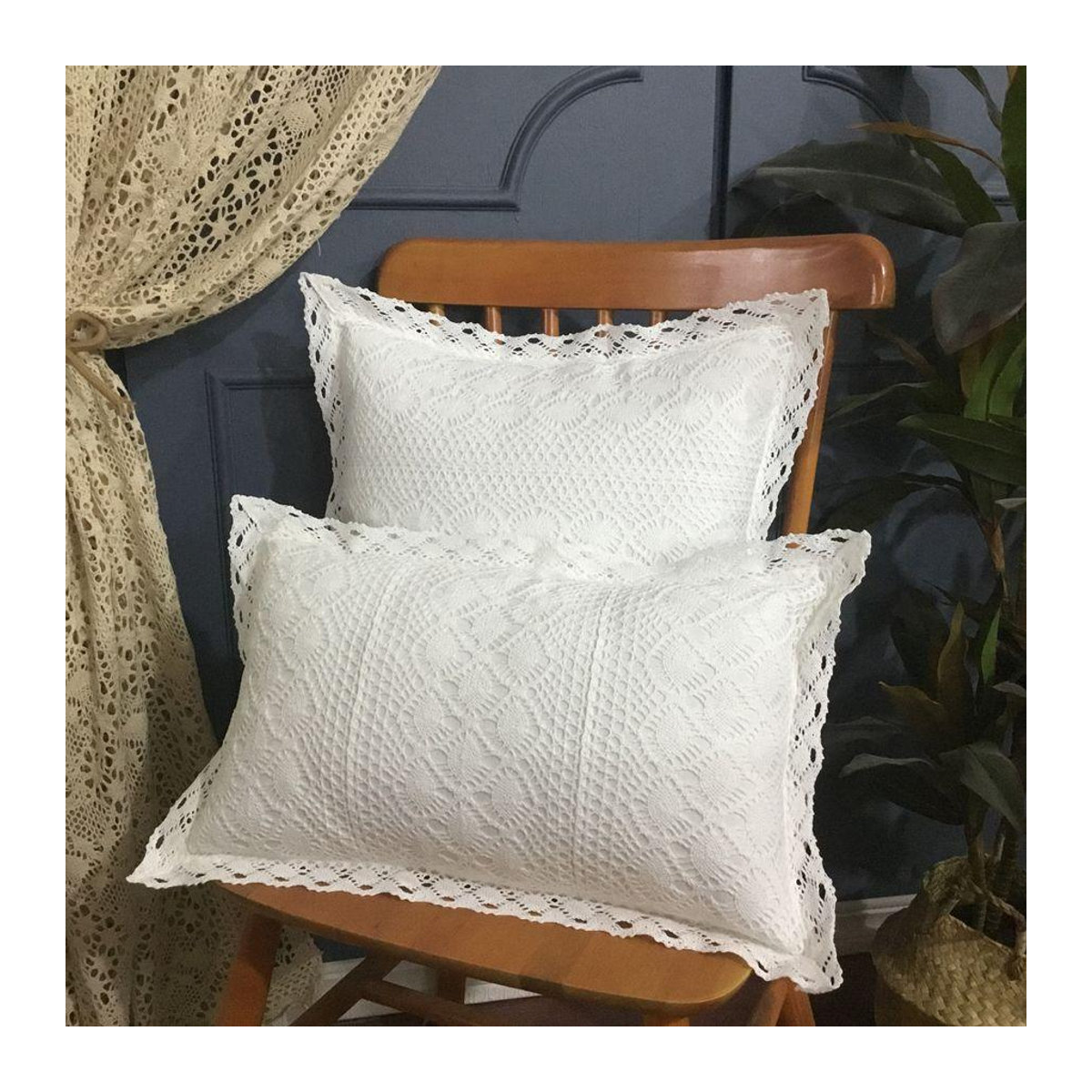 WTEMPO Dekokissen mit Spitzenmuster im Retro-Stil, Weiß, B/T/H: 45 x 45 x 45 cm - Bild 1