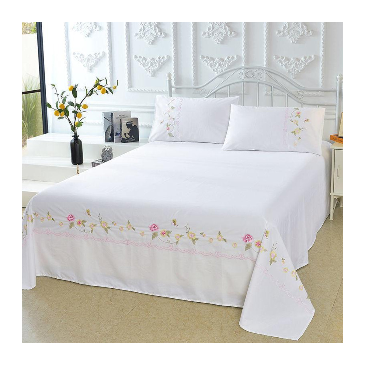 WTEMPO Dreiteiliges Baumwoll-Bettlaken Set Rosa mit Stickerei, Breite: 230 cm, Länge: 250 cm - Bild 1