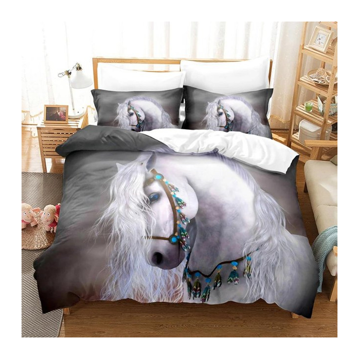 Wucifang Bags 3D Bettwäsche Set Pferdemotiv mit Reißverschluss, weiche Heimtextilien für Erwachsene, B/H: 135 x 200 cm - Bild 1