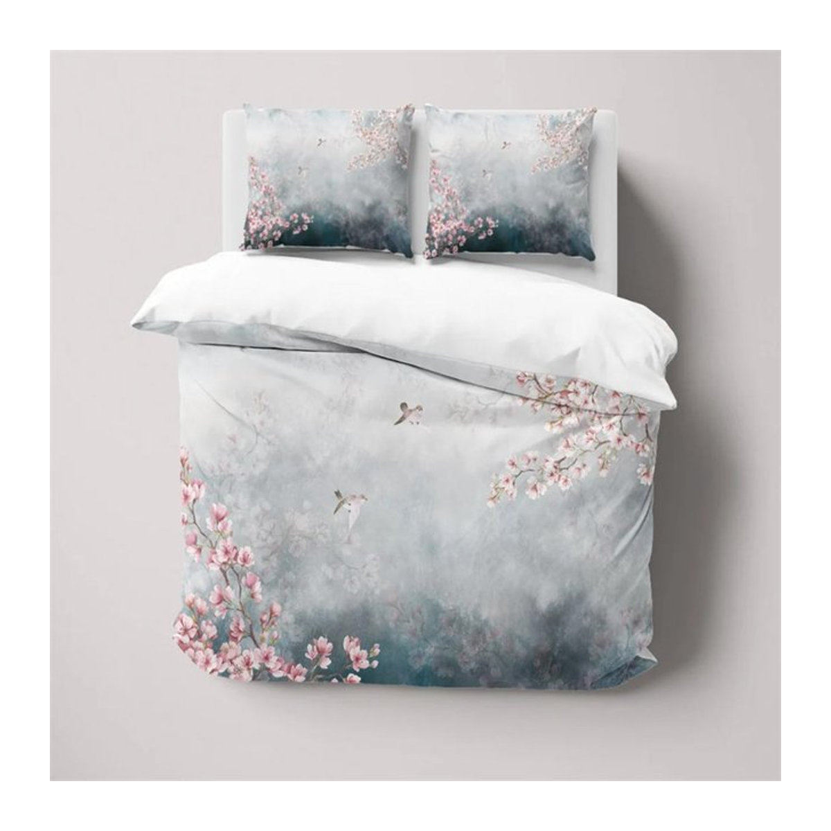 Wucifang Bags Bettwäsche-Set mit japanischem Kirschblüten- und Spatzen-Blumendruck in Grau und Rosa, B/H: 135 x 200 cm - Bild 1