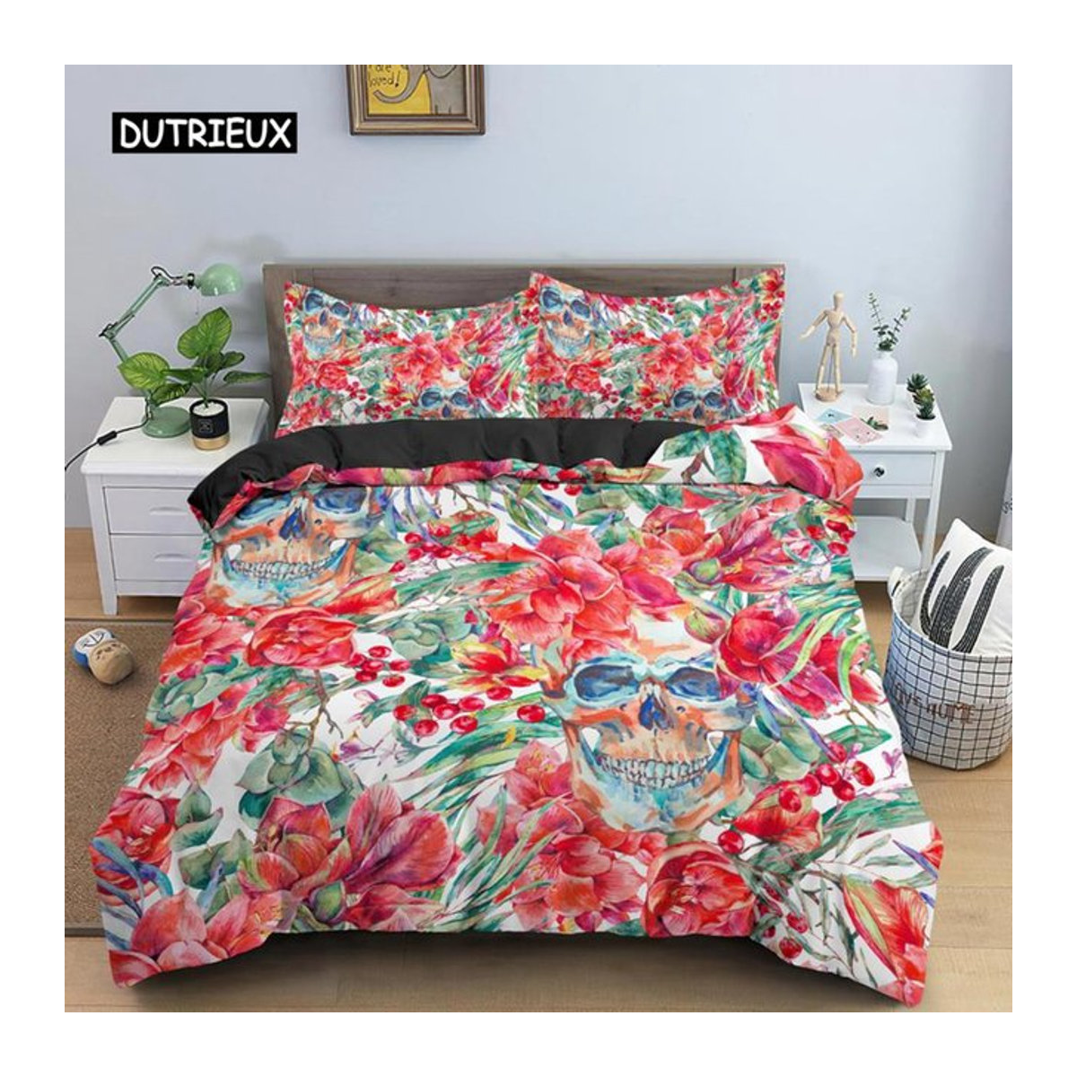 Wucifang Bags Bettwäsche Set mit Totenkopf und Rosenblüten im Gothic-Stil aus Mikrofaser, B/H: 135 x 200 cm - Bild 1