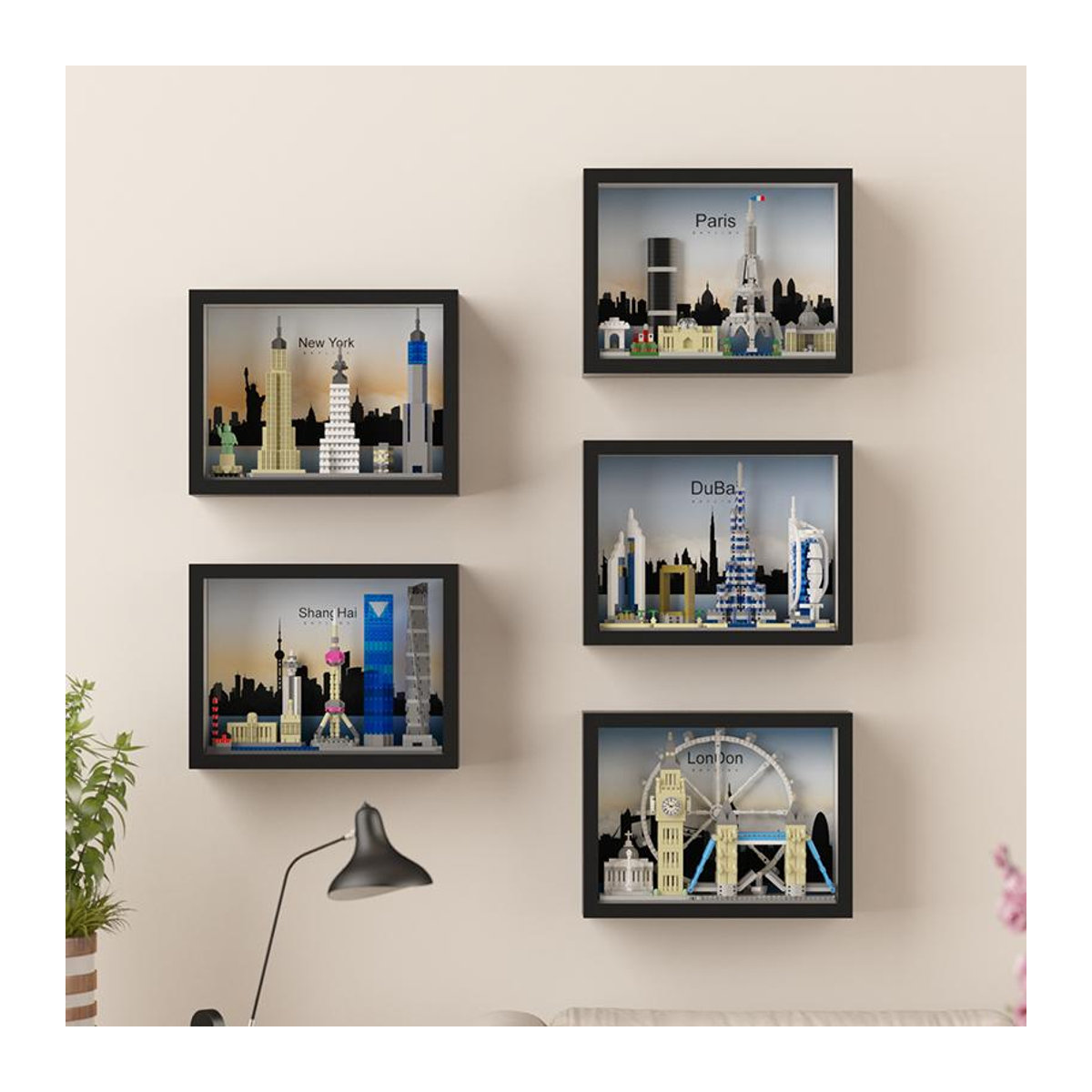Wucifang Bags DIY Stadtsilhouette Wandkunst Set mit New York London Dubai Bausteinen zur Heimdekoration - Bild 1