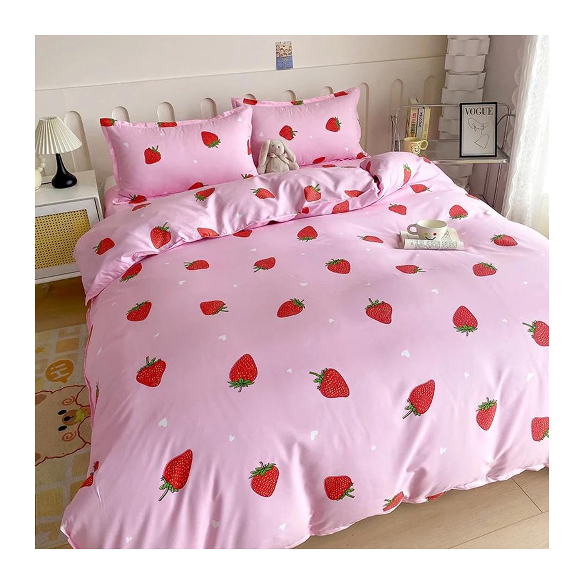 Wucifang Bags Kawaii Erdbeer-Bettwäsche-Set Rosa, weiches Wende-Bettwäsche-Set mit 2 Kissenbezügen und Reißverschluss für Damen und Mädchen, B/H: 150 x 200 cm - Bild 1
