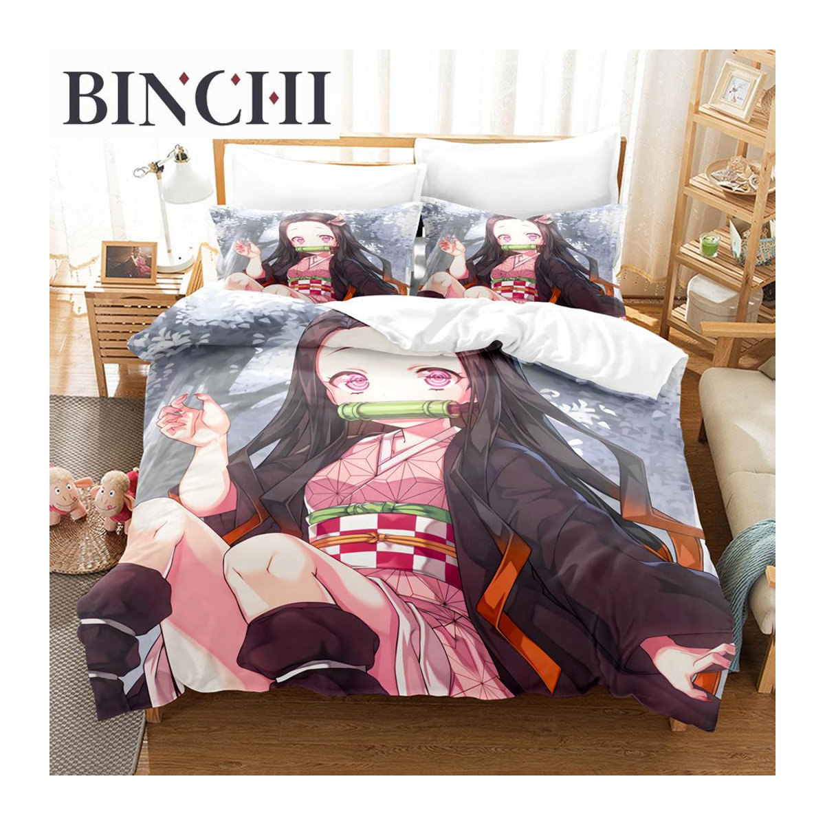 Wucifang Bags Nezuko Bettwäscheset Demon Slayer Anime Design mit Reißverschluss, Größe: 70 x 133 cm - Bild 1