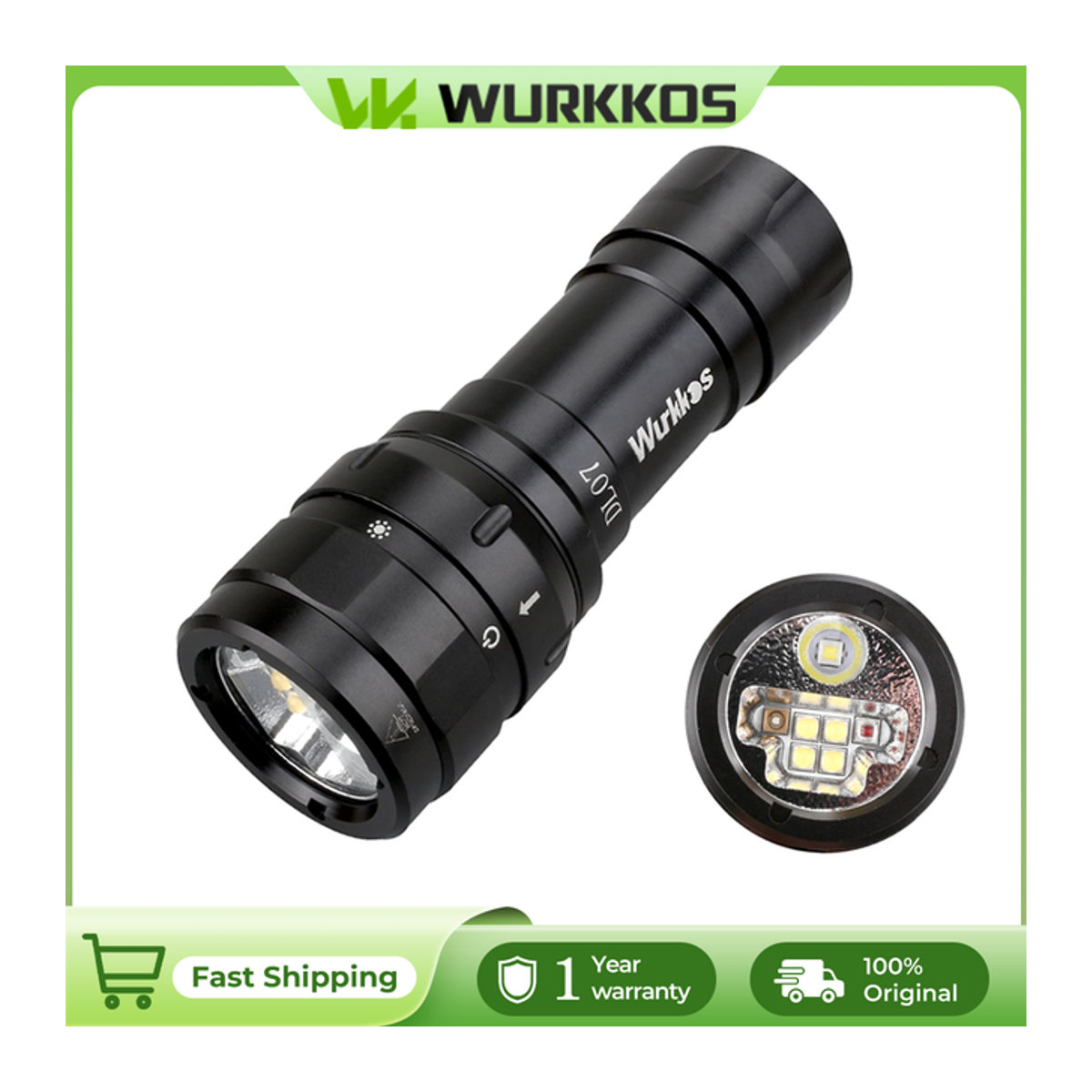 Wurkkos DL07 Tauch-Taschenlampe mit 5000 K LED, Drehschalter und wasserdichtem Gehäuse inklusive 26650-Akku und Ladegerät - Bild 1