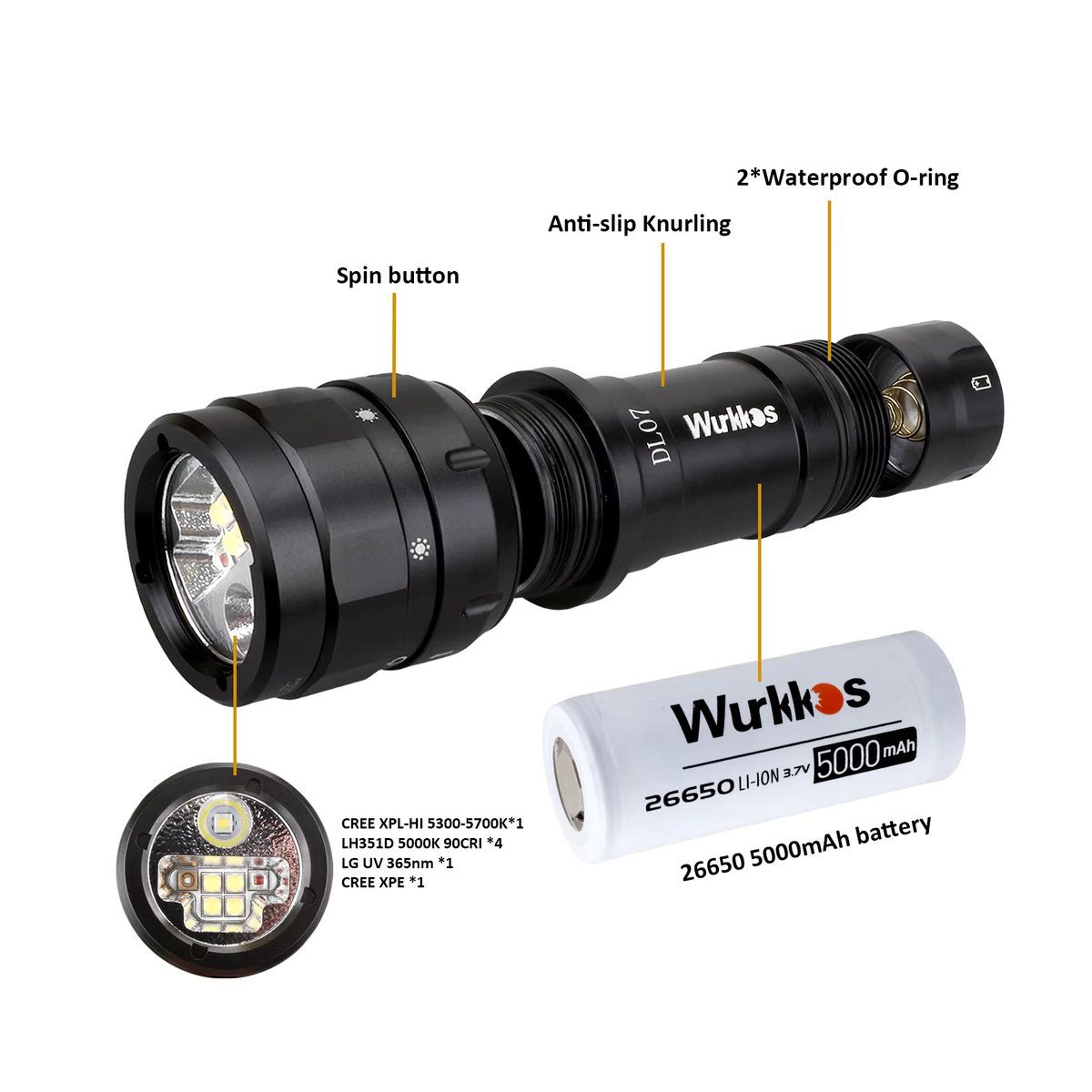 Wurkkos DL07 Tauch-Taschenlampe mit 5000 K LED, Drehschalter und wasserdichtem Gehäuse inklusive 26650-Akku und Ladegerät - Bild 4