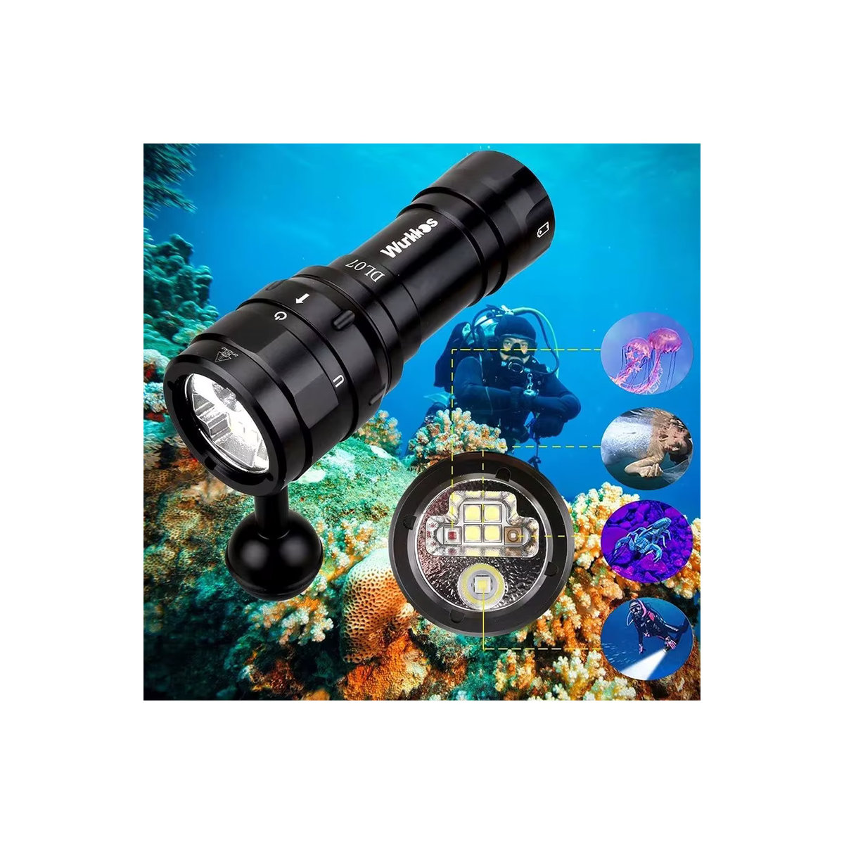 Wurkkos DL07 Tauch-Taschenlampe mit 5000 K LED, Drehschalter und wasserdichtem Gehäuse inklusive 26650-Akku und Ladegerät - Bild 7