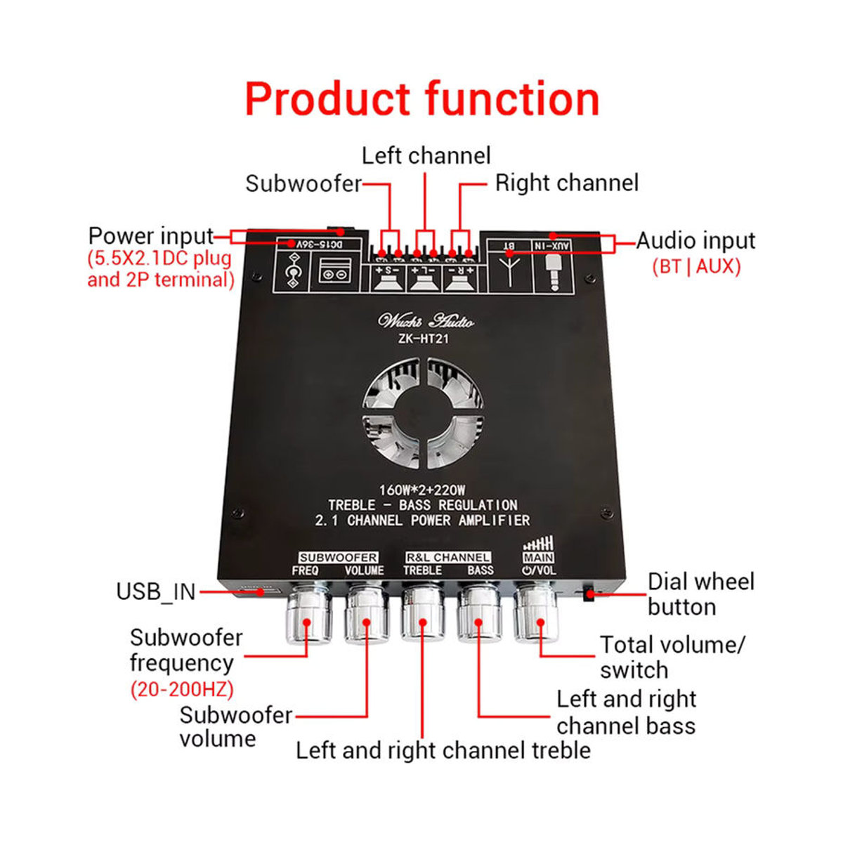 Wuzhi HT21-3G 2.1 Kanal TDA7498E Bluetooth Verstärker Modul mit Subwoofer 160Wx2 + 220V in Schwarz - Bild 4