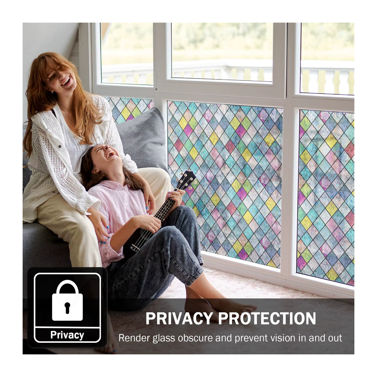 WXSHSH Buntglas-Fensterfolie mit geometrischem Gitter-Design in Mehrfarbig, Sichtschutzfolie für Glas mit Anti-UV-Schutz, rechteckig - Bild 2