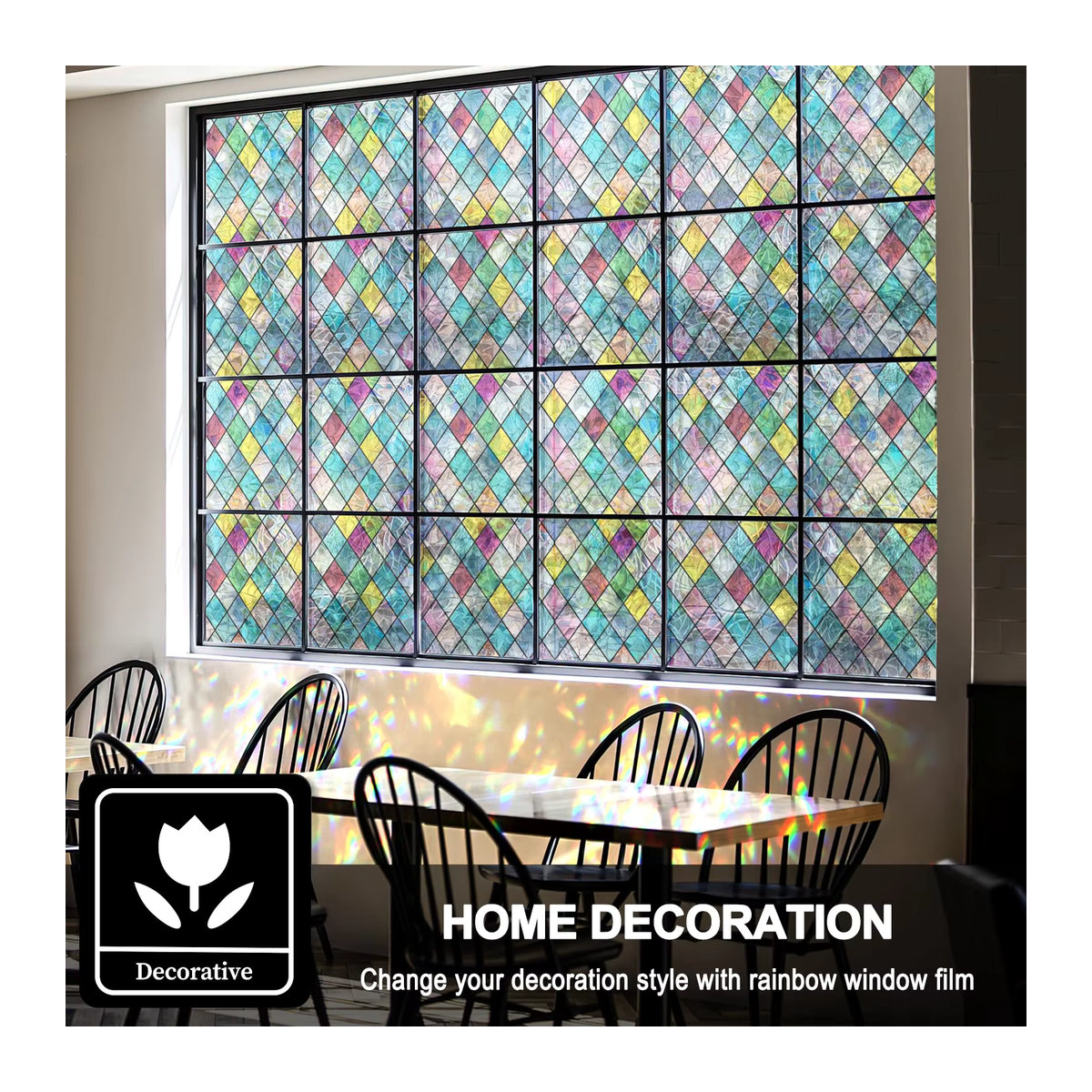 WXSHSH Buntglas-Fensterfolie mit geometrischem Gitter-Design in Mehrfarbig, Sichtschutzfolie für Glas mit Anti-UV-Schutz, rechteckig - Bild 3