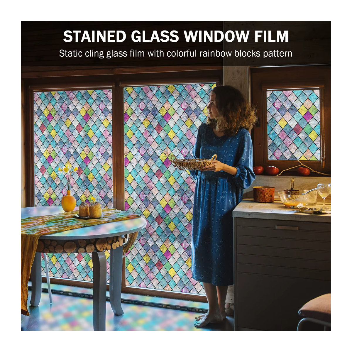 WXSHSH Buntglas-Fensterfolie mit geometrischem Gitter-Design in Mehrfarbig, Sichtschutzfolie für Glas mit Anti-UV-Schutz, rechteckig - Bild 4