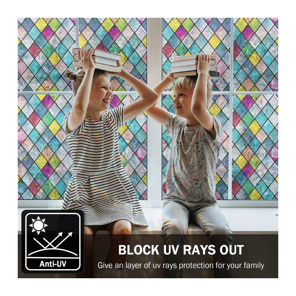 WXSHSH Buntglas-Fensterfolie mit geometrischem Gitter-Design in Mehrfarbig, Sichtschutzfolie für Glas mit Anti-UV-Schutz, rechteckig - Bild 5