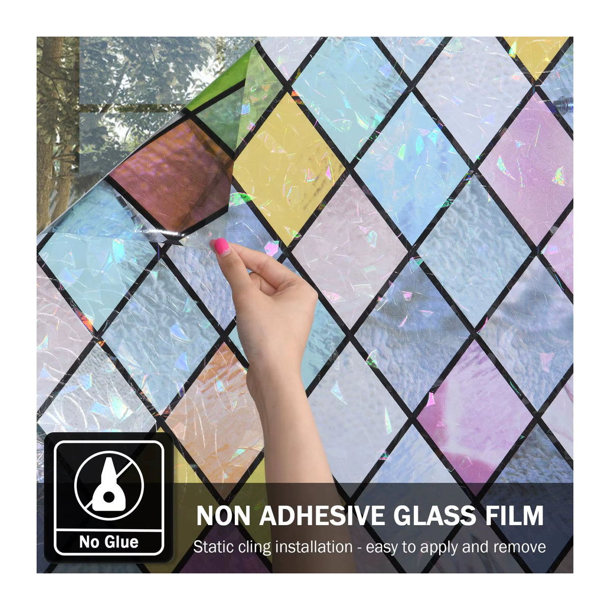 WXSHSH Buntglas-Fensterfolie mit geometrischem Gitter-Design in Mehrfarbig, Sichtschutzfolie für Glas mit Anti-UV-Schutz, rechteckig - Bild 6
