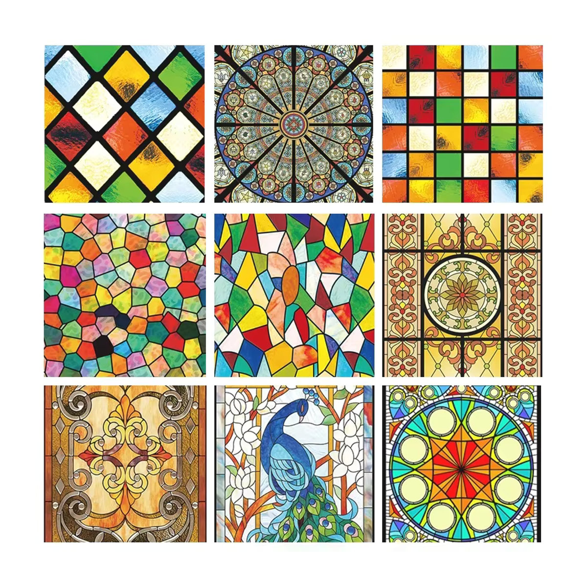 WXSHSH Retro Glasfolie im europäischen Kirchenstil, bunter mattierter Fenster Aufkleber für Bad und Fenster, geometrisches Design, mehrfarbig - Bild 3