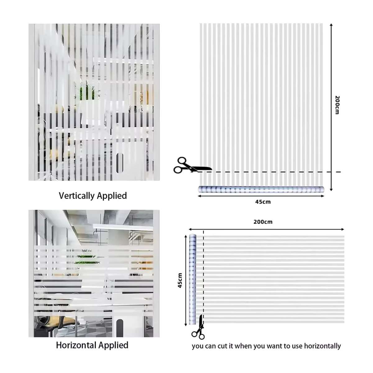 WXSHSH Sichtschutzfolie für Fenster mit mattierten Streifen in Weiß, statisch haftend und nicht klebend, minimalistisches Design für Büro und Zuhause - Bild 2
