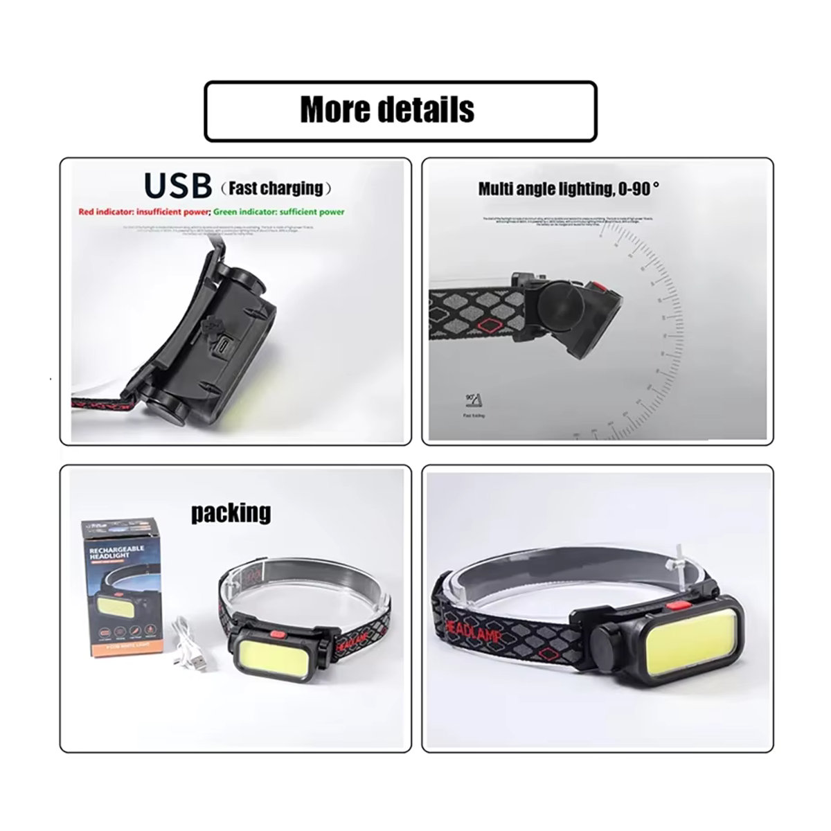 XIWANGFIRE COB-Stirnlampe mit rotem Licht, USB wiederaufladbar, wasserdicht, LED-Scheinwerfer mit 4 Modi für Nachtangeln und Outdoor - Bild 3