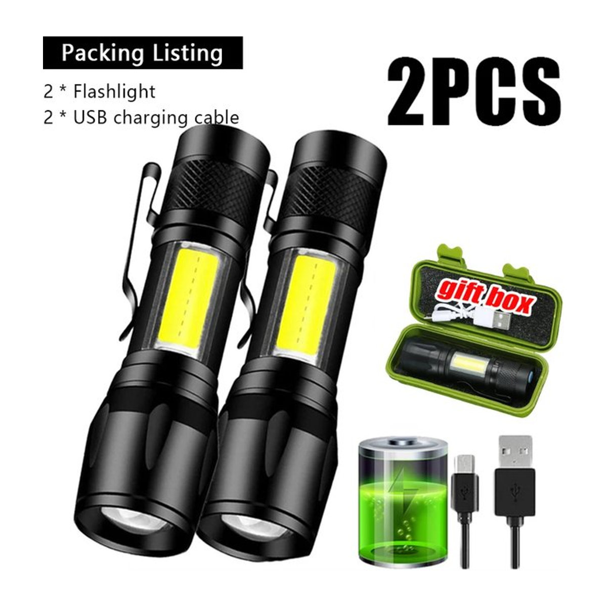 XIWANGFIRE Taktische Mini-LED-Taschenlampe mit COB und XPE, USB-aufladbar, zoombares Fokuslicht mit Stiftclip - Bild 1
