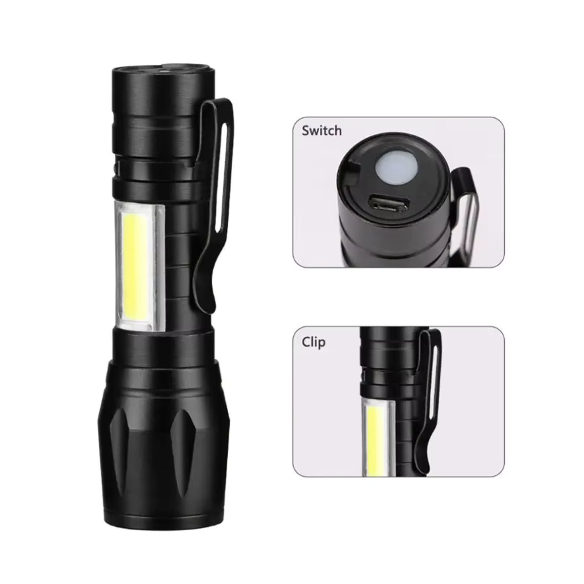 XIWANGFIRE Taktische Mini-LED-Taschenlampe mit COB und XPE, USB-aufladbar, zoombares Fokuslicht mit Stiftclip - Bild 2