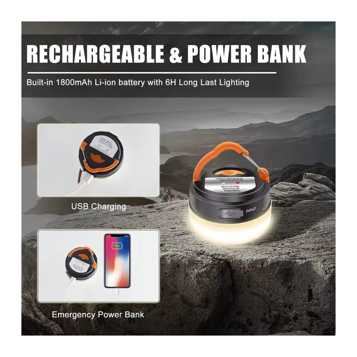 XIWANGFIRE Tragbare Mini-Campingleuchte mit USB-Ladefunktion, Powerbank-Funktion und Magnet sowie Haken für Camping, Zelt und Angeln - Bild 3