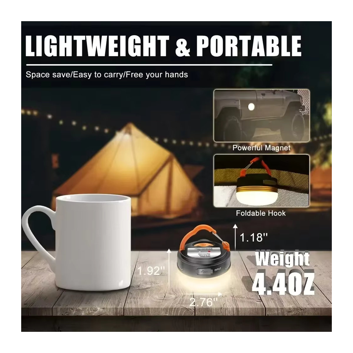 XIWANGFIRE Tragbare Mini-Campingleuchte mit USB-Ladefunktion, Powerbank-Funktion und Magnet sowie Haken für Camping, Zelt und Angeln - Bild 4