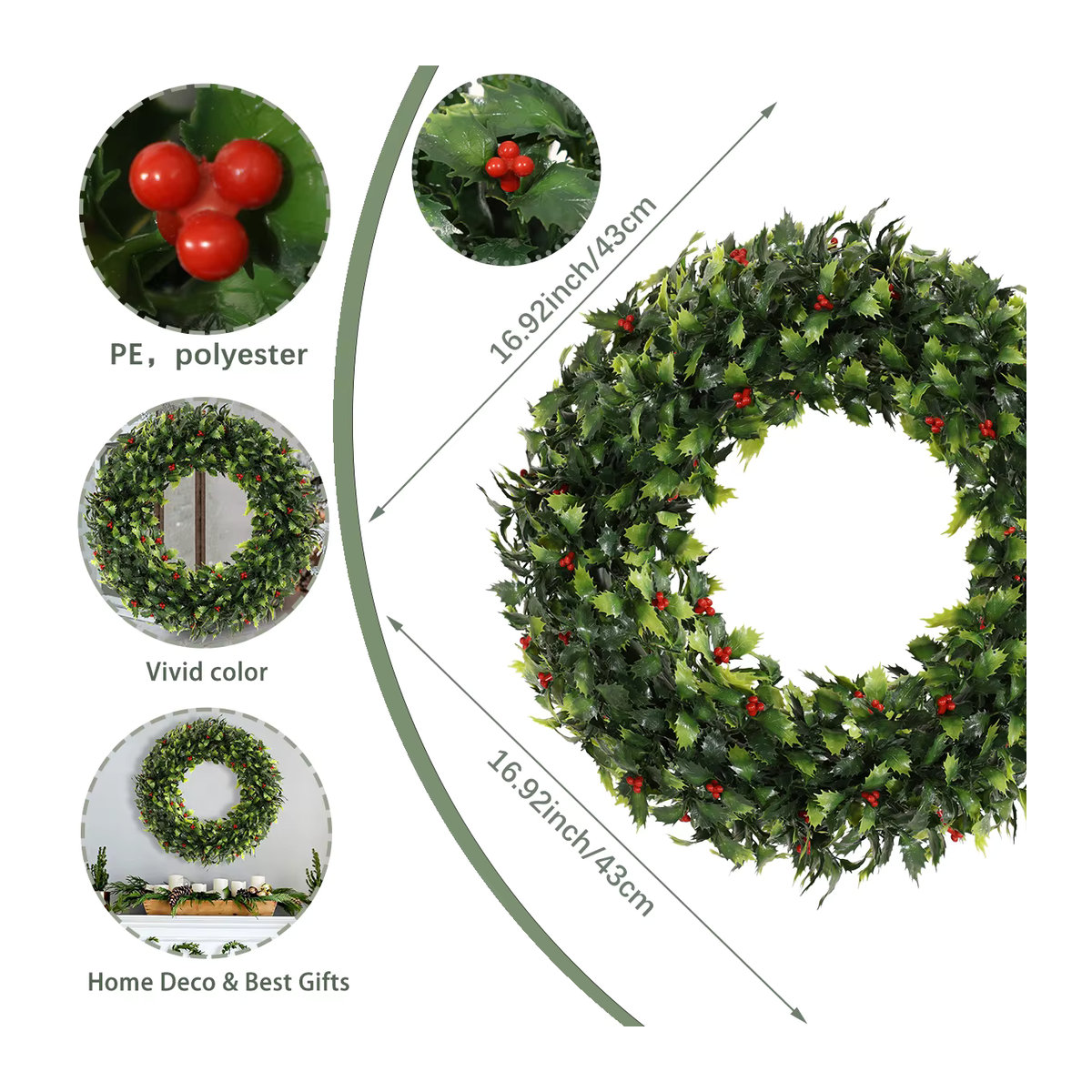 XIYA FLOWER Künstlicher Weihnachtskranz mit roten Beeren und Dornblatt, Durchmesser: 43 cm, rot-grün - Bild 3