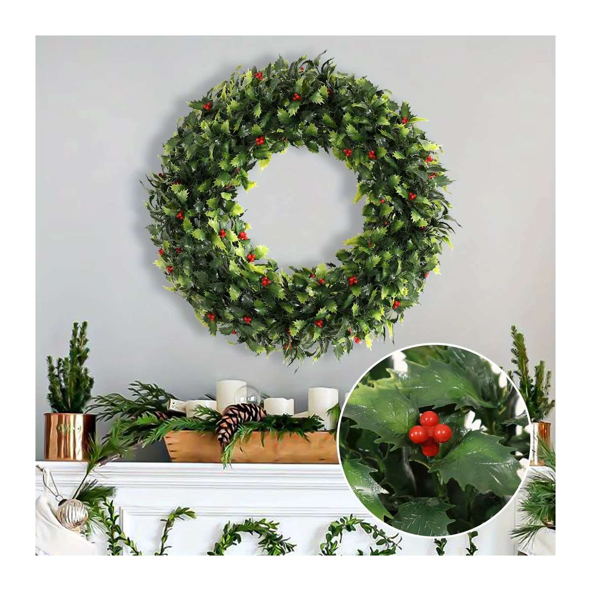 XIYA FLOWER Künstlicher Weihnachtskranz mit roten Beeren und Dornblatt, Durchmesser: 43 cm, rot-grün - Bild 5