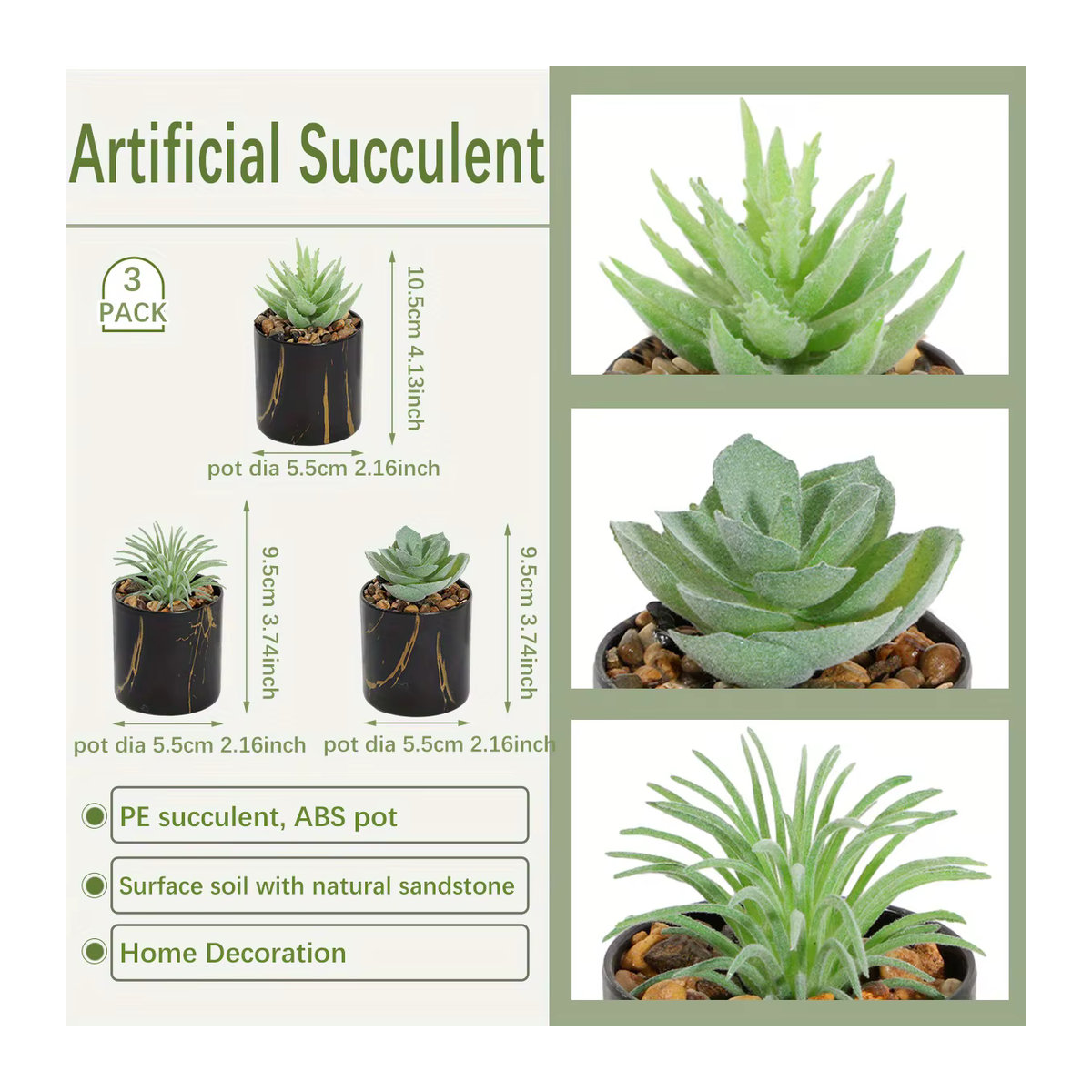XIYA FLOWER Set aus 3 künstlichen Topfpflanzen mit Aloe Vera und Sukkulenten in schwarzen Marmor-Töpfen zur Heimdekoration - Bild 2