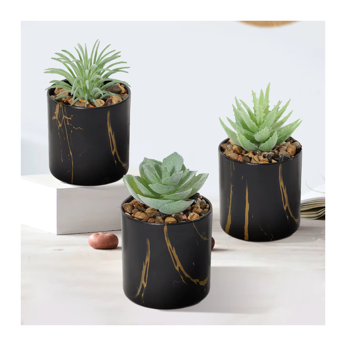 XIYA FLOWER Set aus 3 künstlichen Topfpflanzen mit Aloe Vera und Sukkulenten in schwarzen Marmor-Töpfen zur Heimdekoration - Bild 5