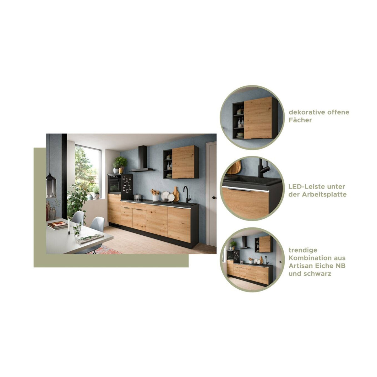 xonox.home Küchenblock Charly Küchenzeile in Eiche Natur und Schwarz, modern mit Soft-Close und Innenbeleuchtung, B/H/T: 260 x 222 x 60 cm - Bild 2