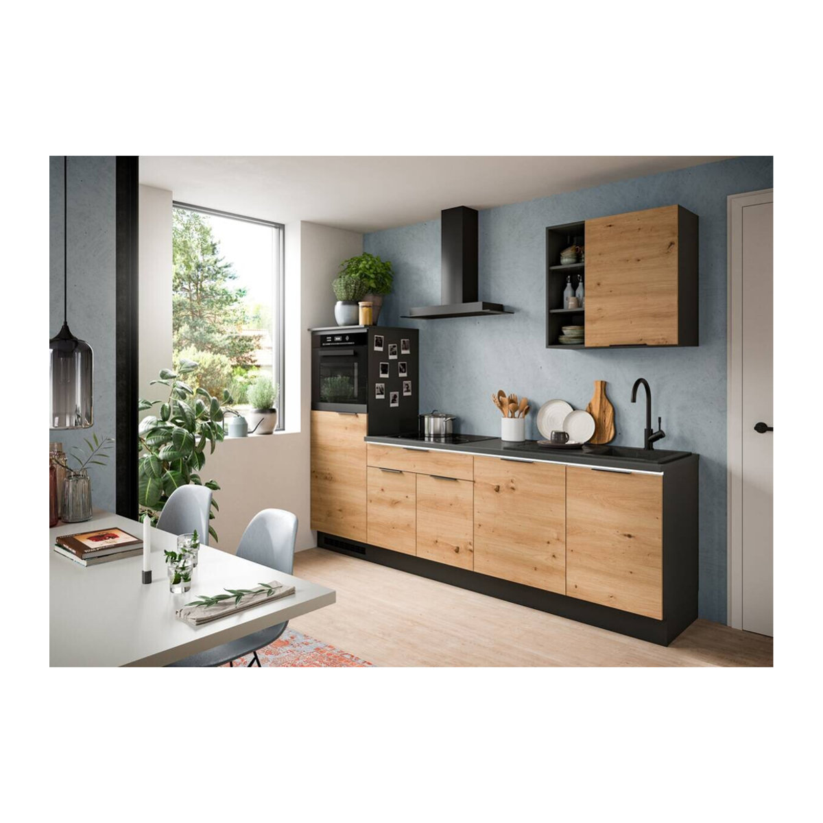 xonox.home Küchenblock Charly Küchenzeile in Eiche Natur und Schwarz, modern mit Soft-Close und Innenbeleuchtung, B/H/T: 260 x 222 x 60 cm - Bild 3