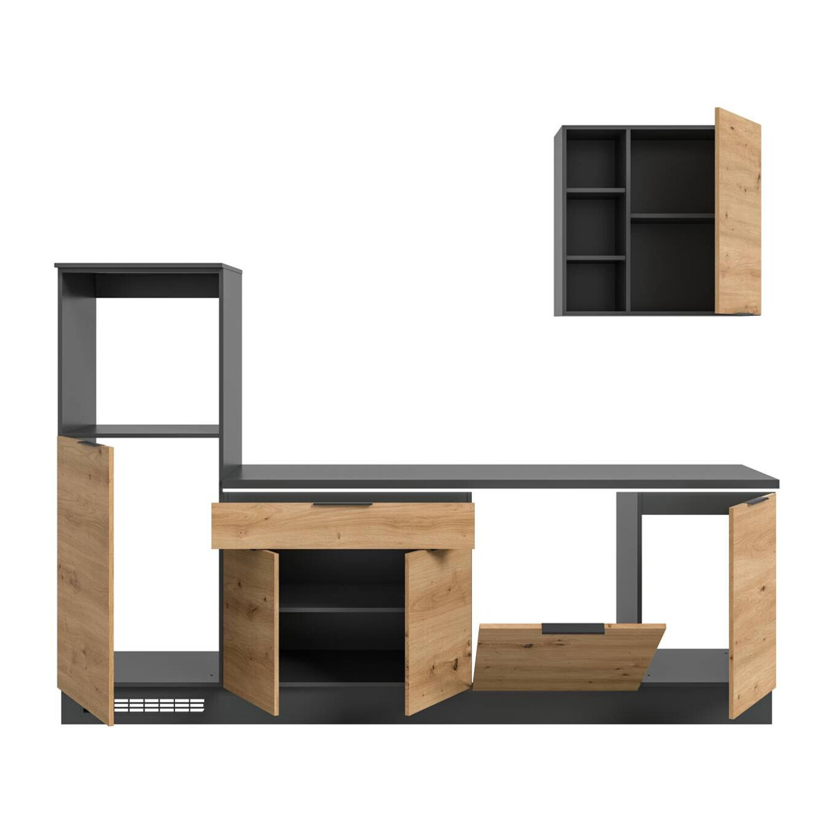 xonox.home Küchenblock Charly Küchenzeile in Eiche Natur und Schwarz, modern mit Soft-Close und Innenbeleuchtung, B/H/T: 260 x 222 x 60 cm - Bild 4