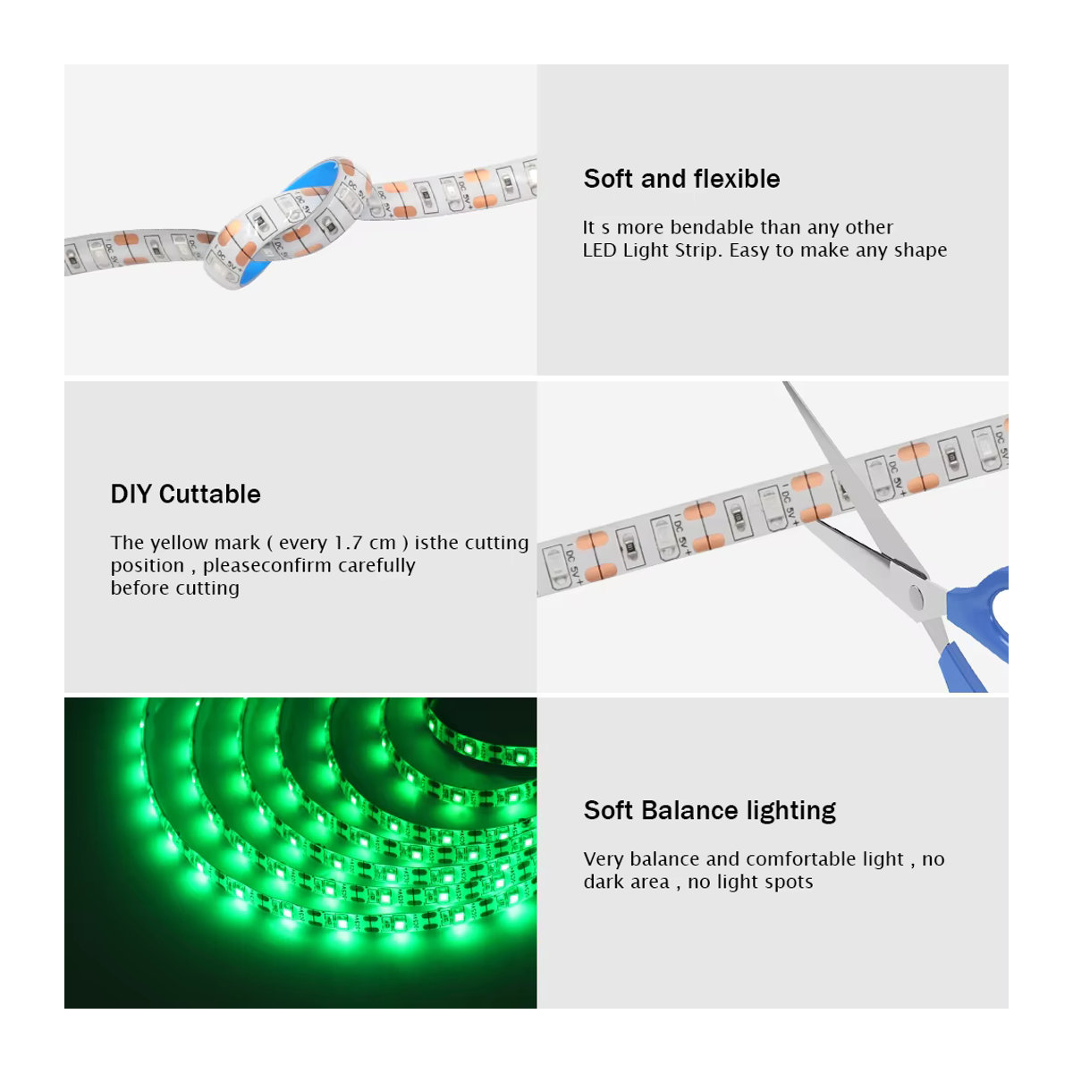XUNATA batteriebetriebener LED-Streifen 5V mit 2835 SMD und 60 LEDs/m, wasserdichtes flexibles LED-Band für TV-Hintergrundbeleuchtung in warmweiß, rot, grün, eisblau und rosa - Bild 4