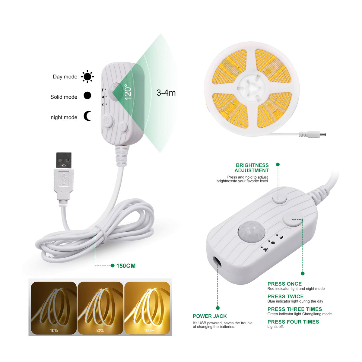 XUNATA COB LED-Streifenlicht mit Bewegungsmelder, USB-Betrieb oder 4AAA-Batterien, neutralweißes lineares Licht mit 320 LEDs, 8 mm Breite, in Weiß oder Bunt verfügbar - Bild 5