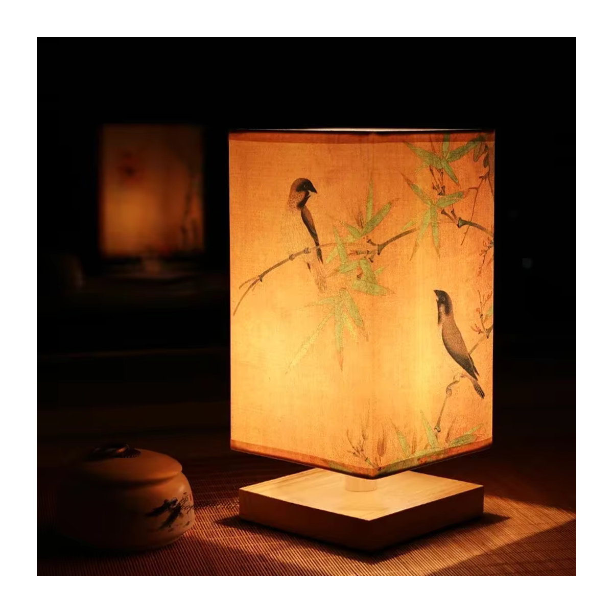 XunShiNi Tischlampe aus Holz im Vintage-Stil mit Landschaftsmalerei in Beige - Bild 3