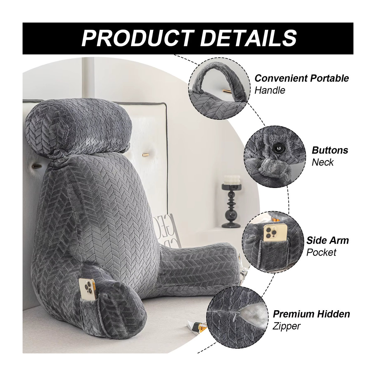 XXL-Lesekissen für Erwachsene in Dunkelgrau mit Armtaschen als ergonomische Rückenlehne und Bettstützkissen - Bild 5