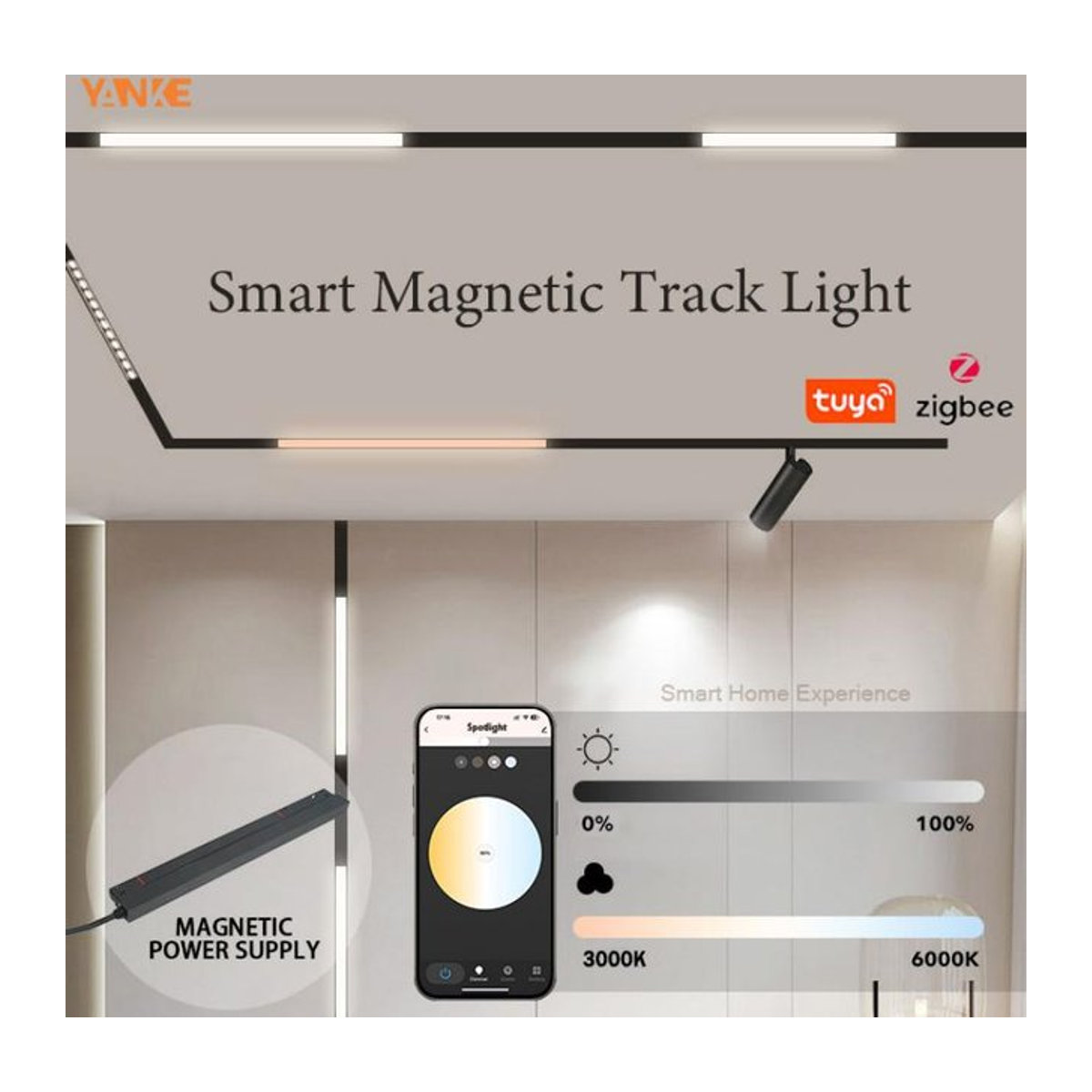YANKE Intelligentes Magnet-Tracklight-System, Tuya Zigbee Dimmbares LED-Spotlight, Verstellbare Magnetische Schienensystem-Lampe, Schwarz, Minimalistisch - Bild 1