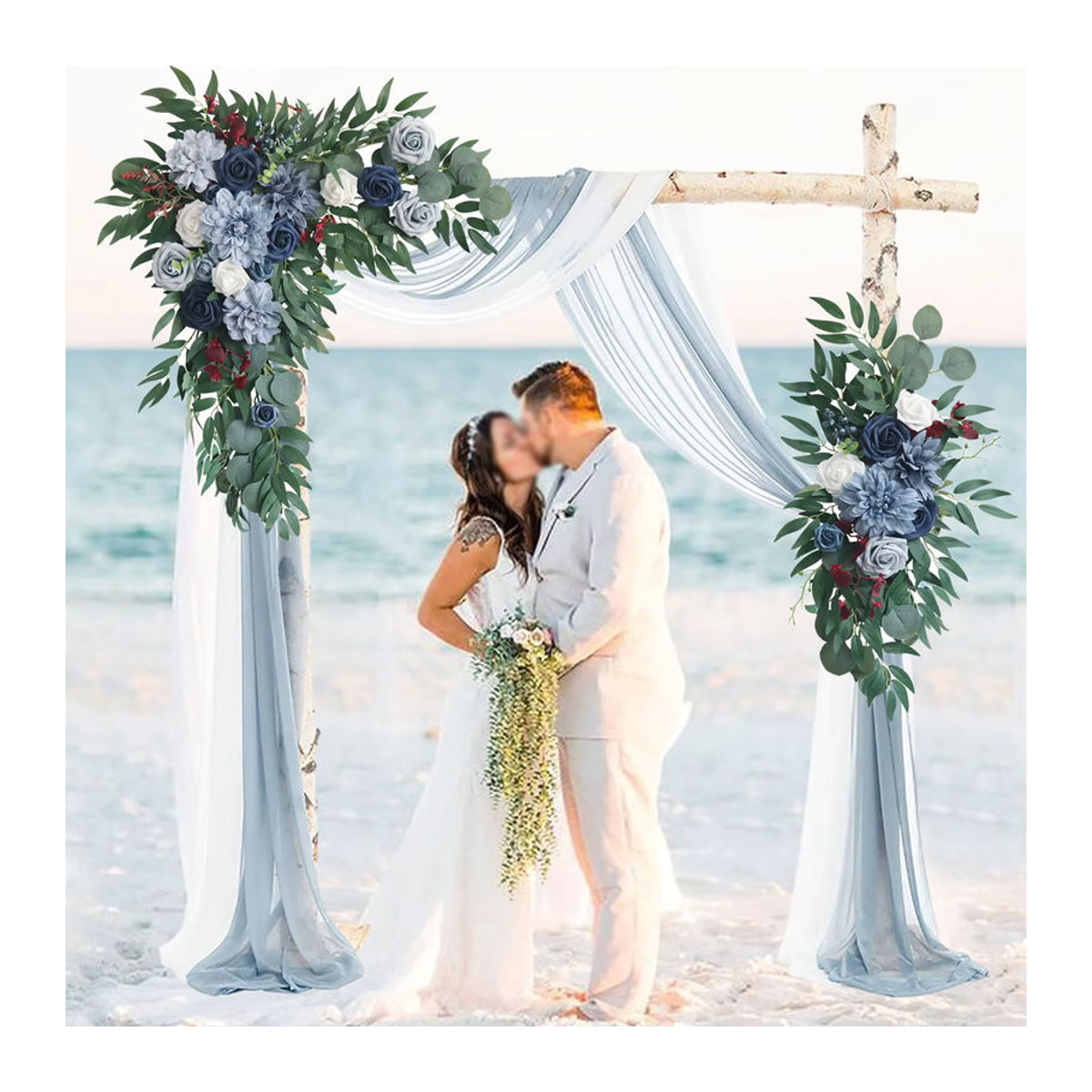 Yannew Hochzeitsbogen-Dekorationsset mit blauen und weißen künstlichen Blumen und Textildrapierung im Bohemian-Stil - Bild 2