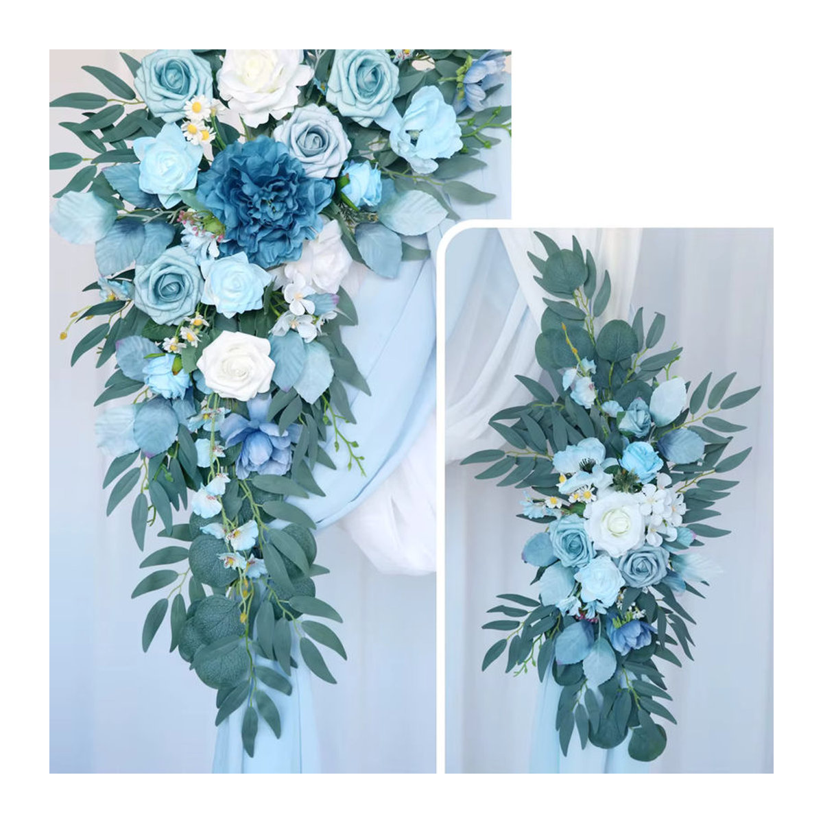 Yannew Hochzeitsbogen-Dekorationsset mit blauen und weißen künstlichen Blumen und Textildrapierung im Bohemian-Stil - Bild 3