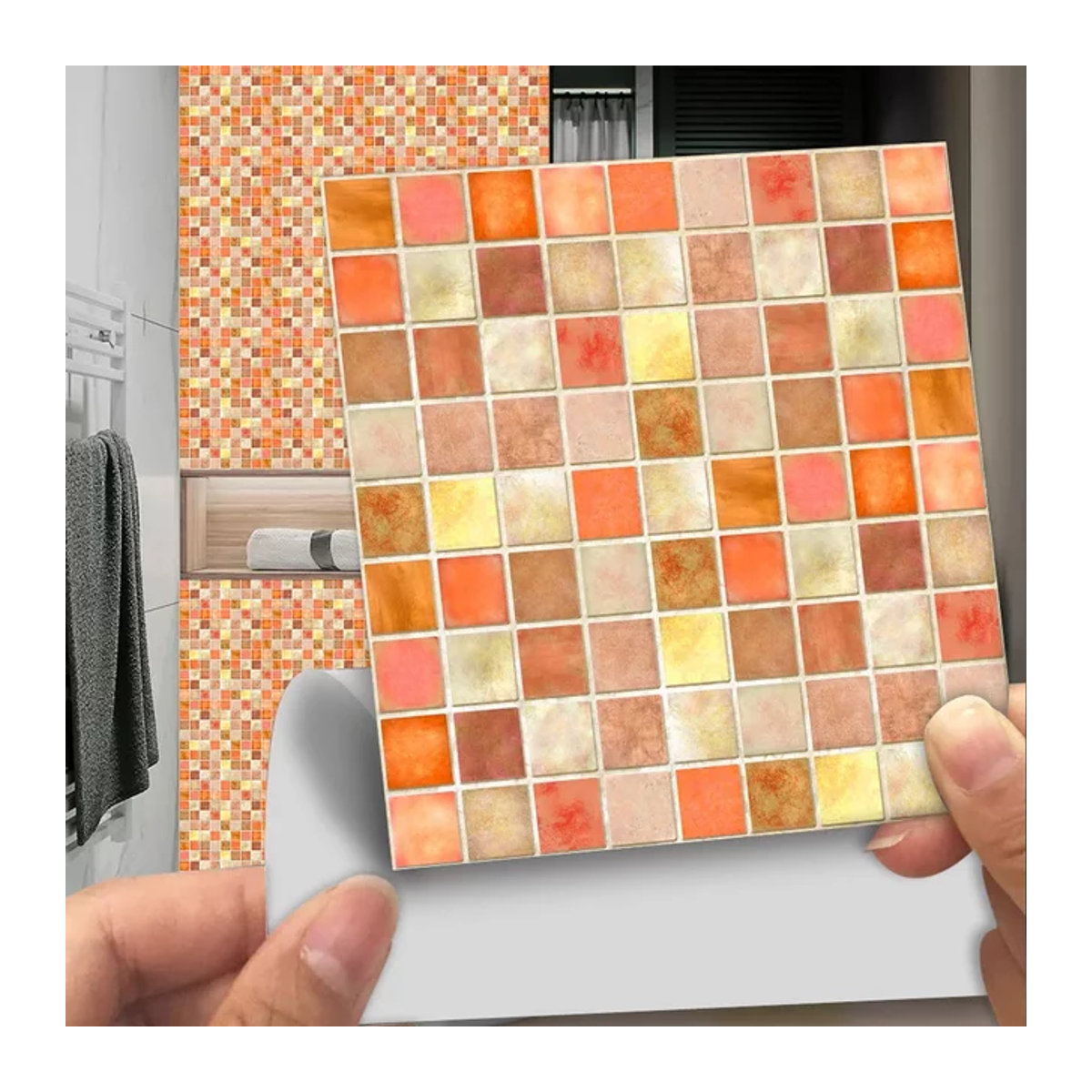 YanTin 10er Set Mosaik Fliesen Wandaufkleber in Orange Marmor Optik aus Kunststoff für Küche und Badezimmer - Bild 1