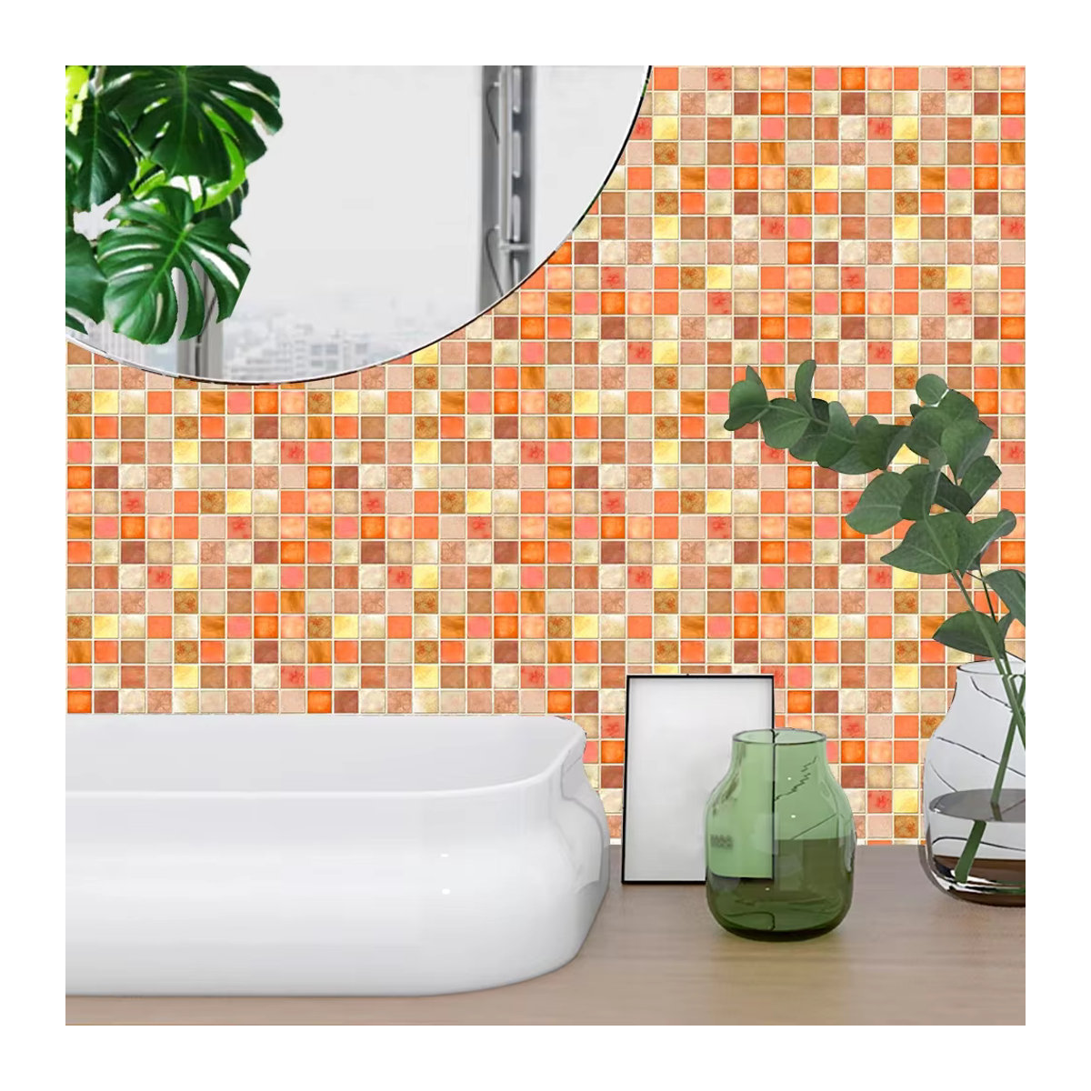 YanTin 10er Set Mosaik Fliesen Wandaufkleber in Orange Marmor Optik aus Kunststoff für Küche und Badezimmer - Bild 2