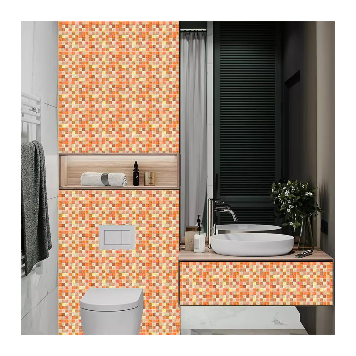 YanTin 10er Set Mosaik Fliesen Wandaufkleber in Orange Marmor Optik aus Kunststoff für Küche und Badezimmer - Bild 4