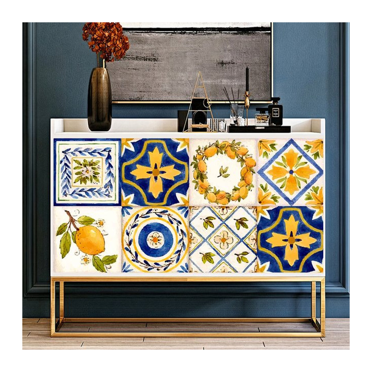 YanTin 16-teiliges Set Wasserfarben-Wandfliesen-Aufkleber mit floralem und orientalischem Design, mehrfarbig, quadratisch - Bild 1