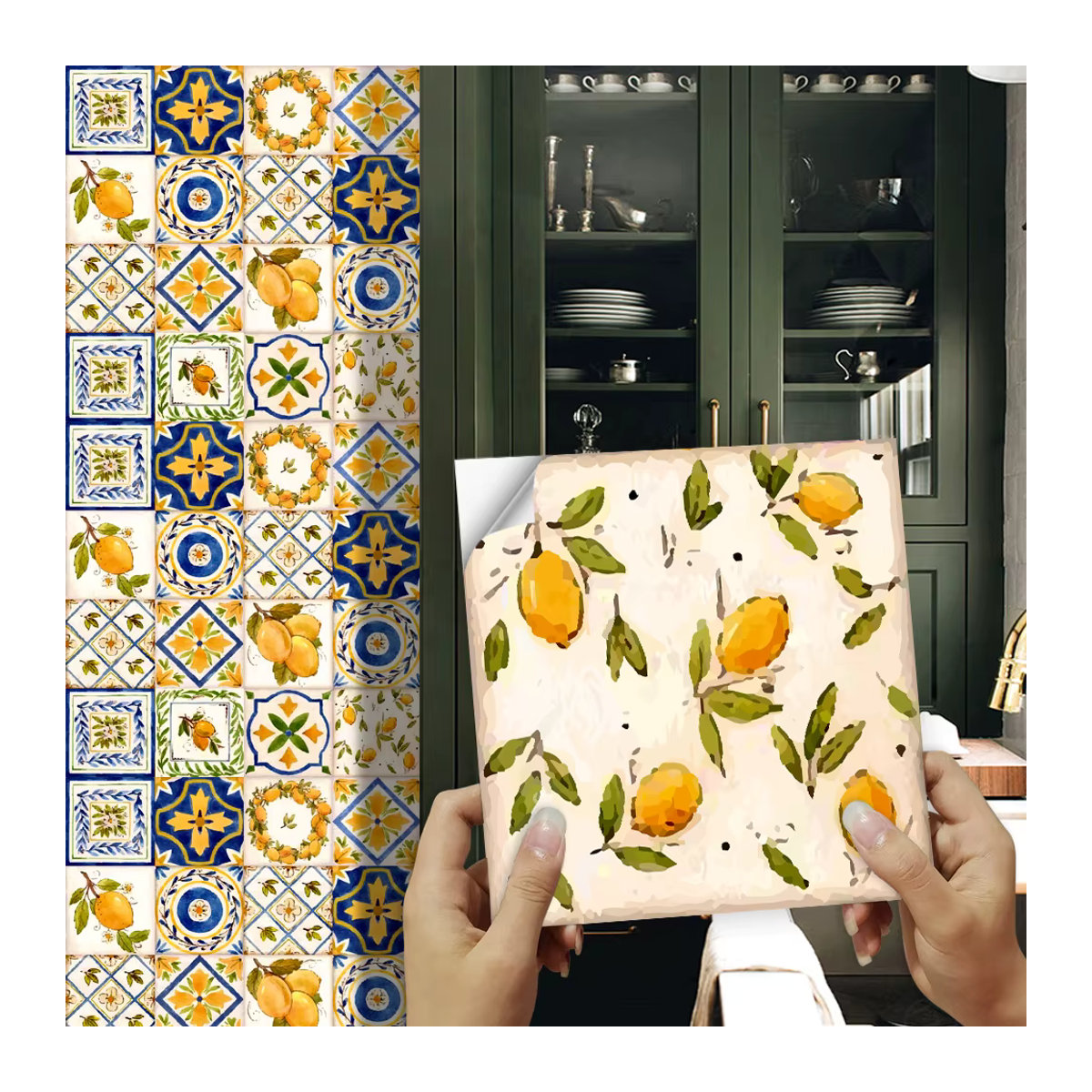 YanTin 16-teiliges Set Wasserfarben-Wandfliesen-Aufkleber mit floralem und orientalischem Design, mehrfarbig, quadratisch - Bild 2
