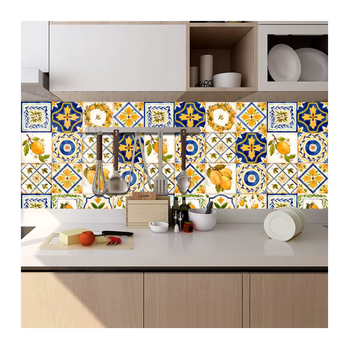 YanTin 16-teiliges Set Wasserfarben-Wandfliesen-Aufkleber mit floralem und orientalischem Design, mehrfarbig, quadratisch - Bild 3