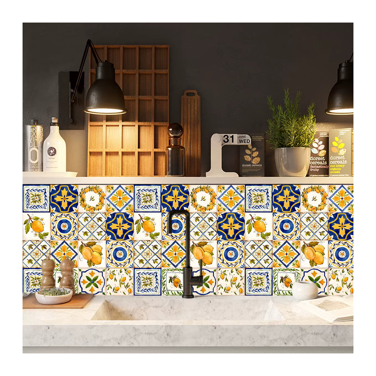 YanTin 16-teiliges Set Wasserfarben-Wandfliesen-Aufkleber mit floralem und orientalischem Design, mehrfarbig, quadratisch - Bild 5