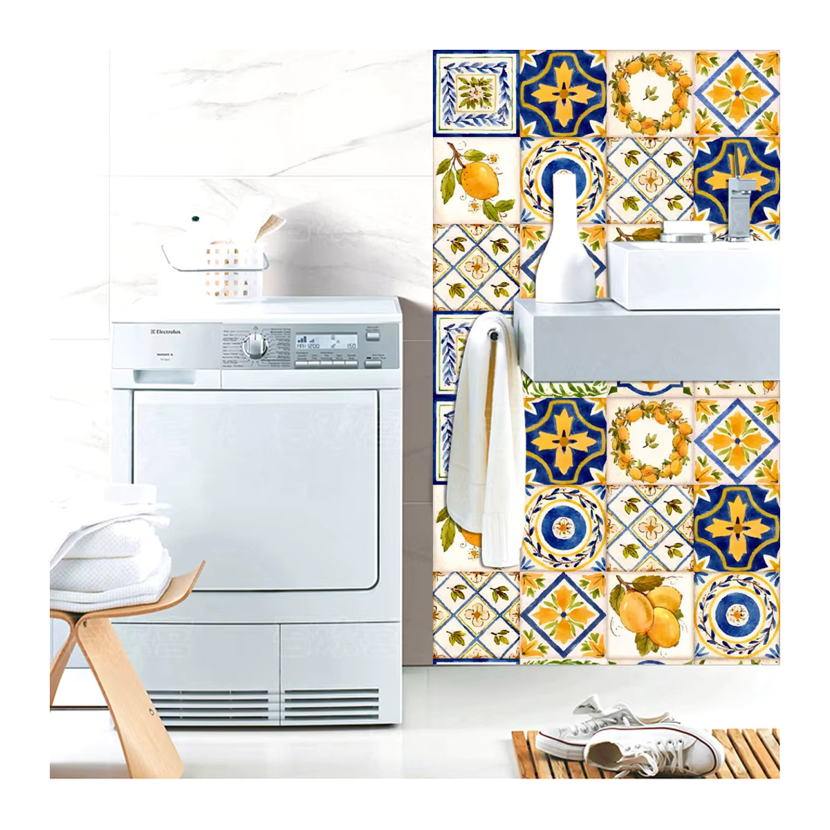 YanTin 16-teiliges Set Wasserfarben-Wandfliesen-Aufkleber mit floralem und orientalischem Design, mehrfarbig, quadratisch - Bild 6