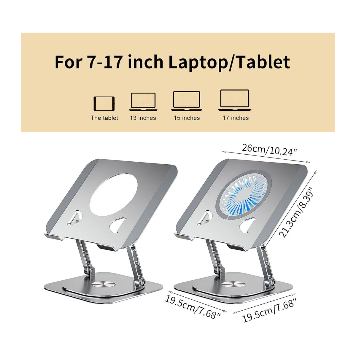 YASOKO Laptopständer 360 Grad drehbar aus Aluminiumlegierung in Silber mit klappbarem Lüfter für 7 bis 17 Zoll - Bild 5