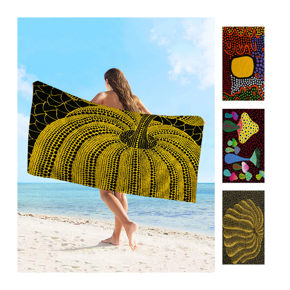 Yayoi Kusama Kunst Motiv Handtuch aus Mikrofaser in Gelb, schnelltrocknend und weich für Strand, Schwimmbad oder Yoga - Bild 1